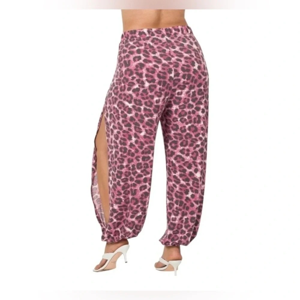 Zenana Leopard Print Split Side Pant Joggers Elastic Waist 2X Pink Cranberry NEW - Picture 4 of 14